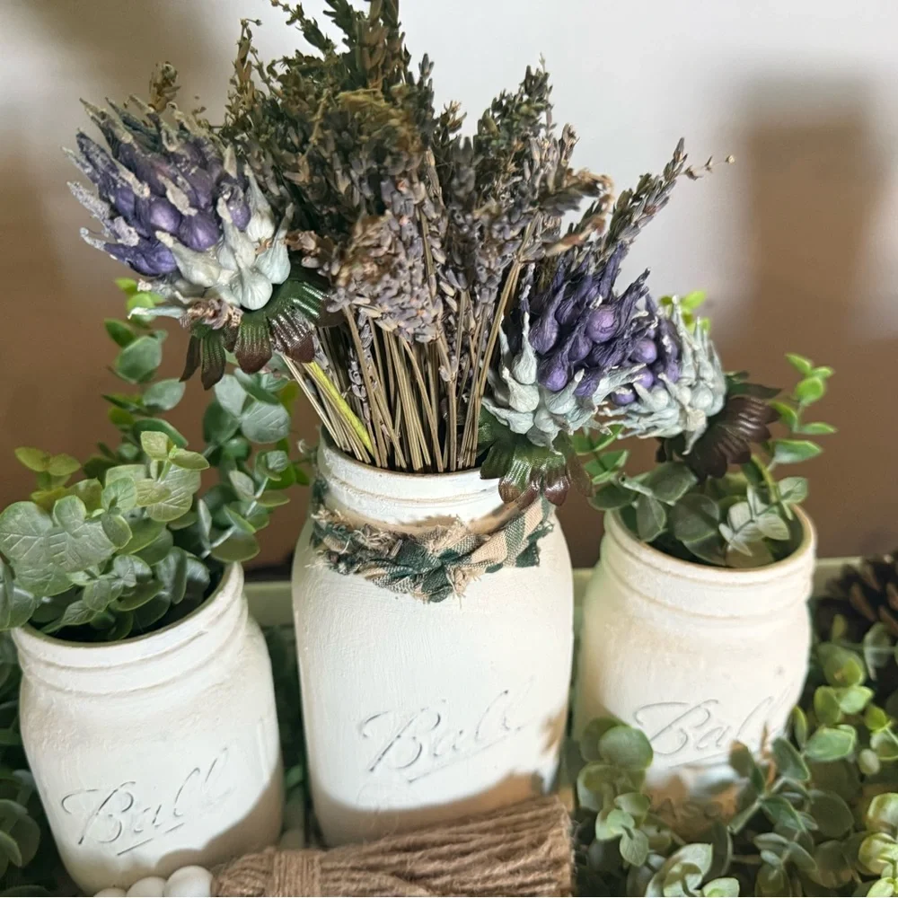 Rustic Cream Mason Jar Set with Lavender and Greenery